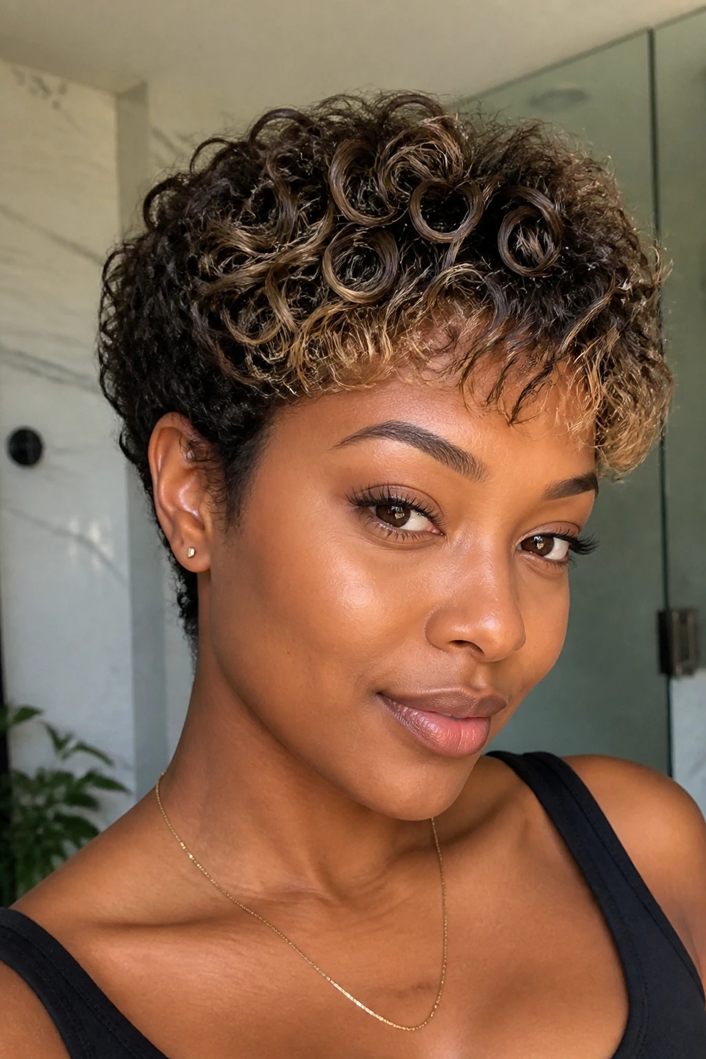 Close-up of a real person with curly pixie and micro-babylight fringe