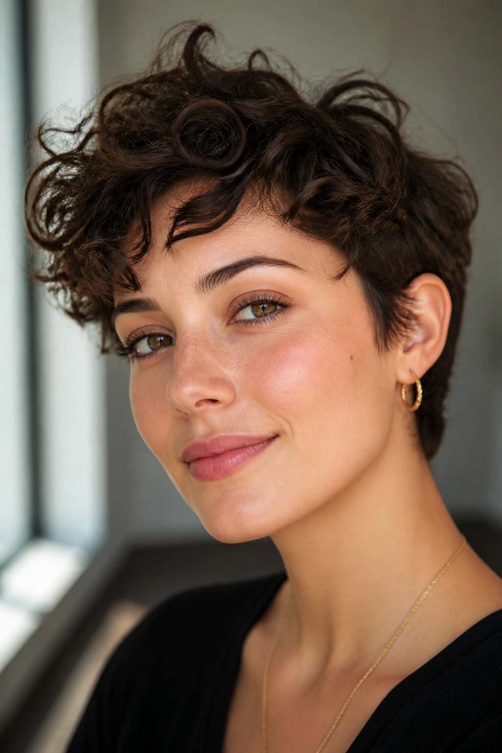 Close-up of a real woman with curly pixie on an oval face.