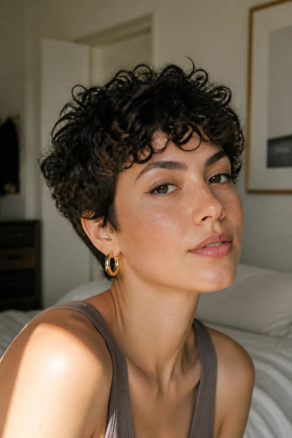 Close-up portrait of a real person with a curly pixie on an oval face in soft window light
