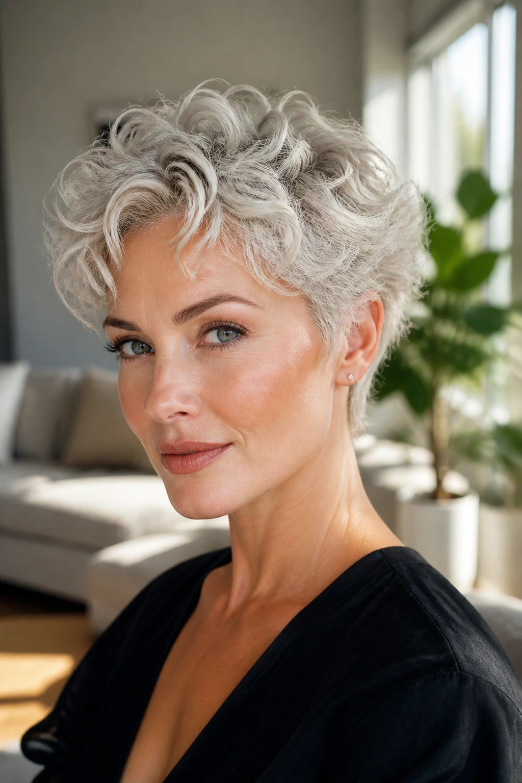 Close-up of a real woman with curly platinum pixie and airy layers; curls frame temples.