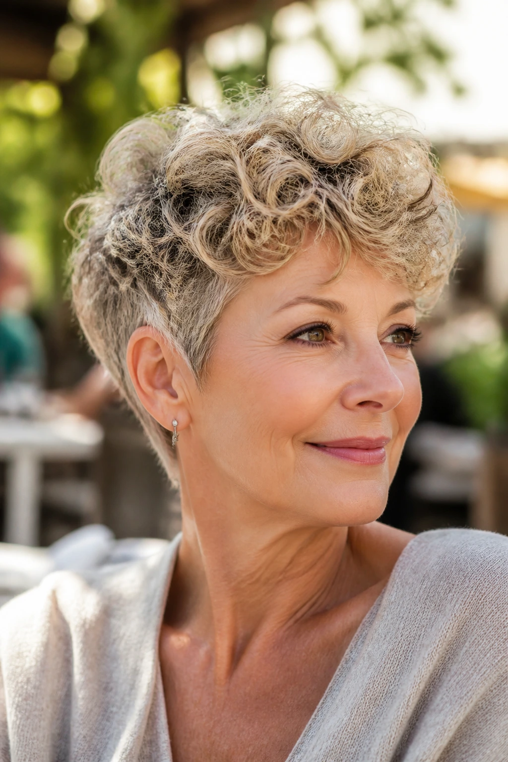 Portrait of a real woman with curly-air pixie in a sunlit outdoor setting.