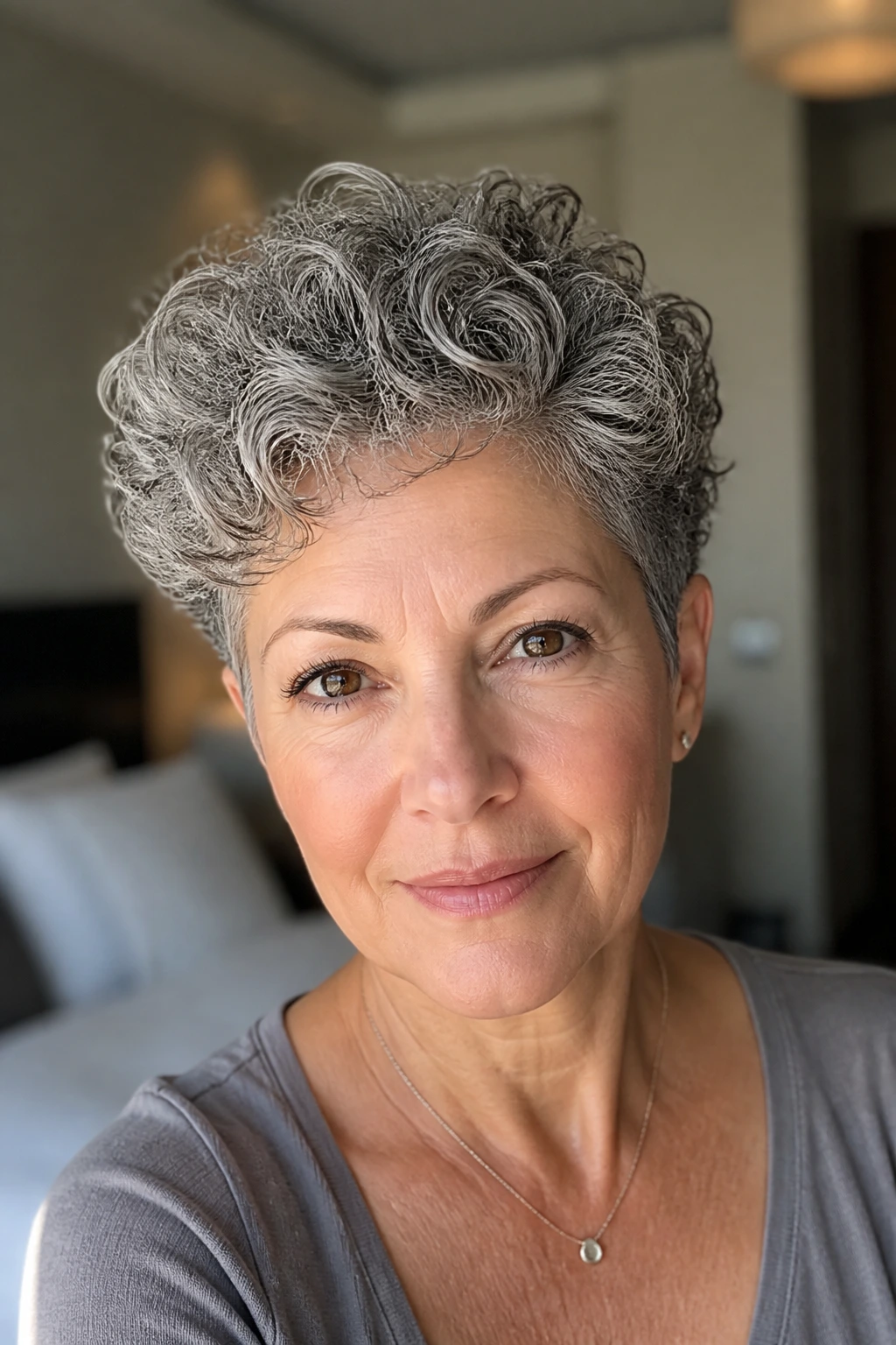 Portrait of a woman with a curly pixie hairstyle showing defined crown curls