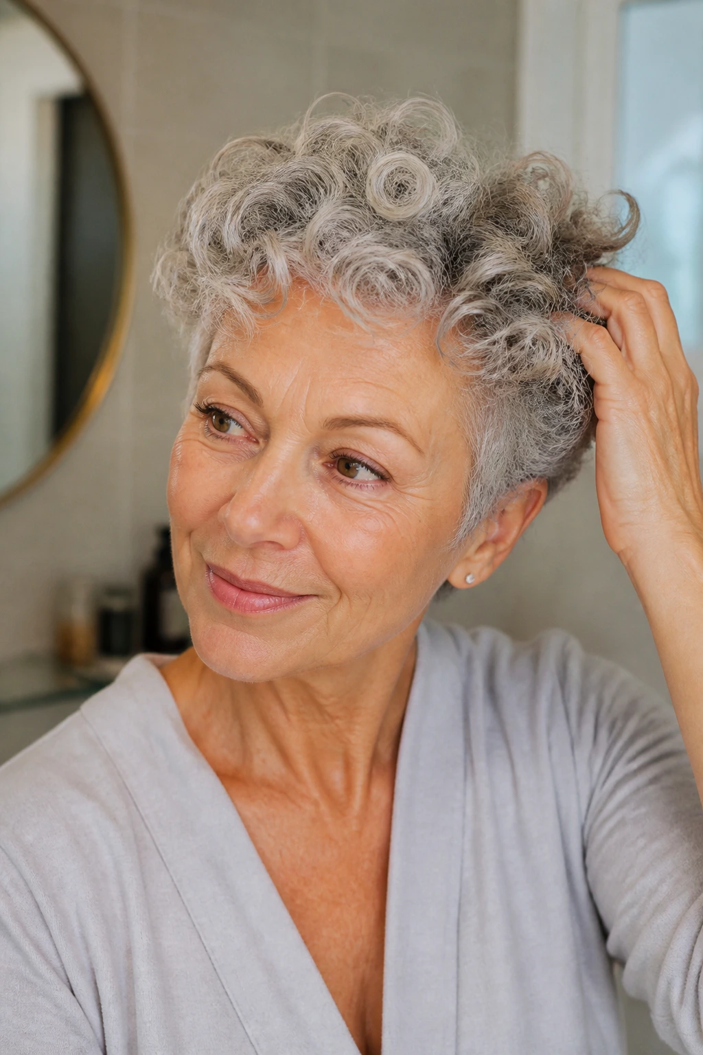 Portrait of a woman refreshing curly pixie hair between salon visits