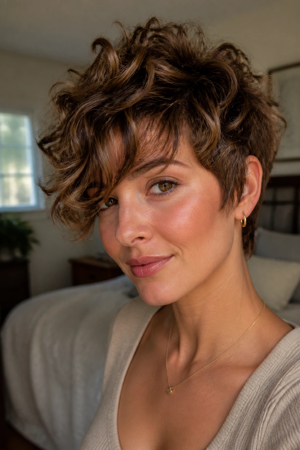 Close-up portrait of a real woman with curly pixie shag and long fringe in warm window light