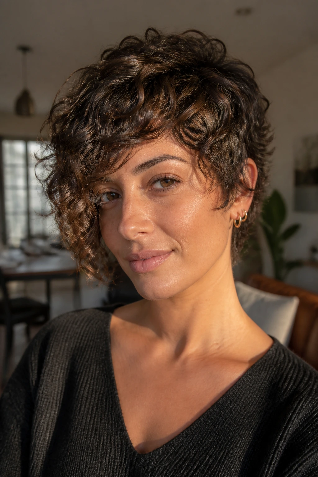 Close-up portrait of a real woman with Curly Pixie Shag with a Long Front Angle, natural window light