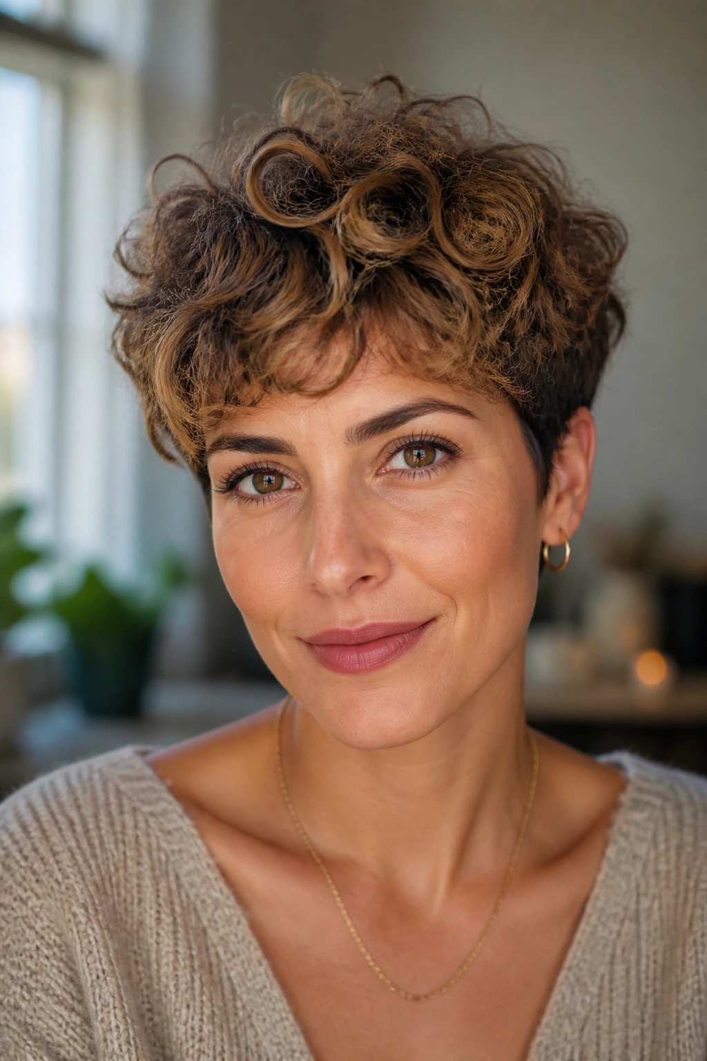 Portrait of a woman with a curly pixie cut showing shape