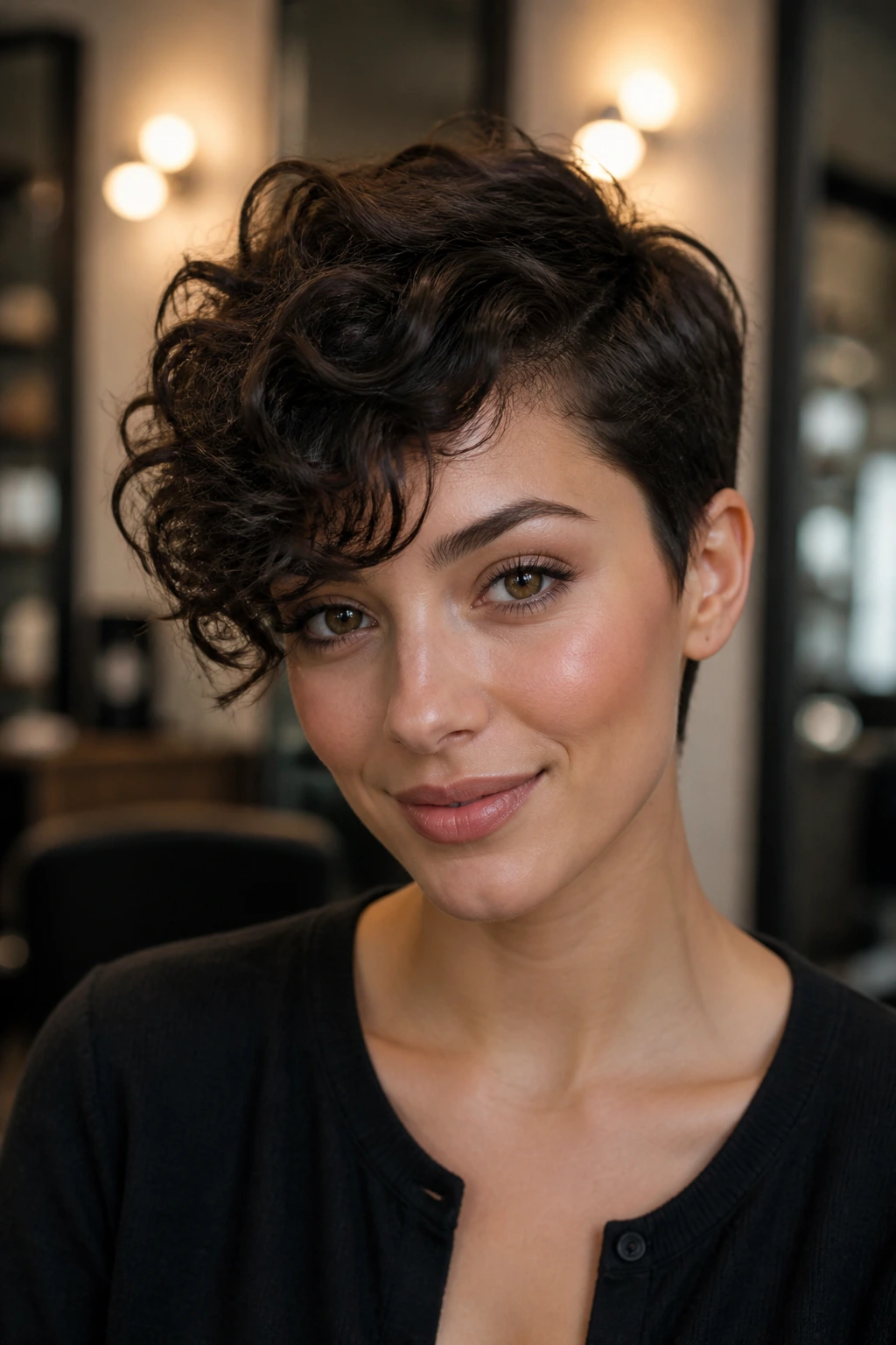 Close-up portrait of a real woman with a side-swept curly pixie hairstyle.