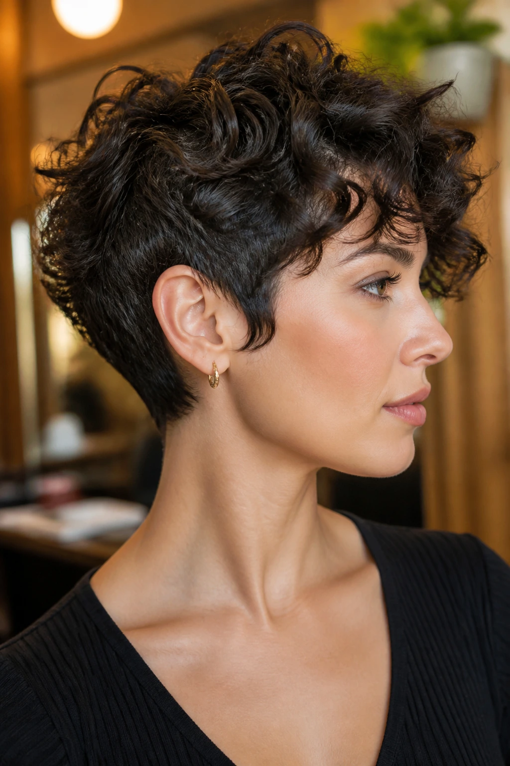 Portrait of person with curly pixie from the side showing tapered nape
