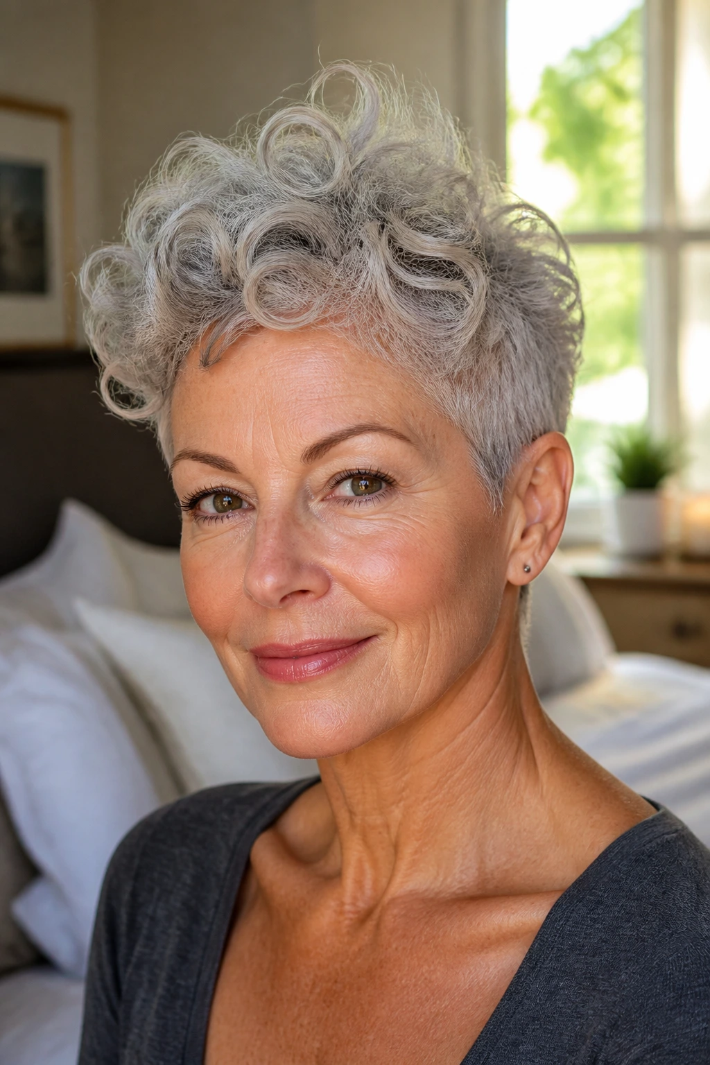 Close-up portrait of a real woman with curly silver pixie lifted at the crown