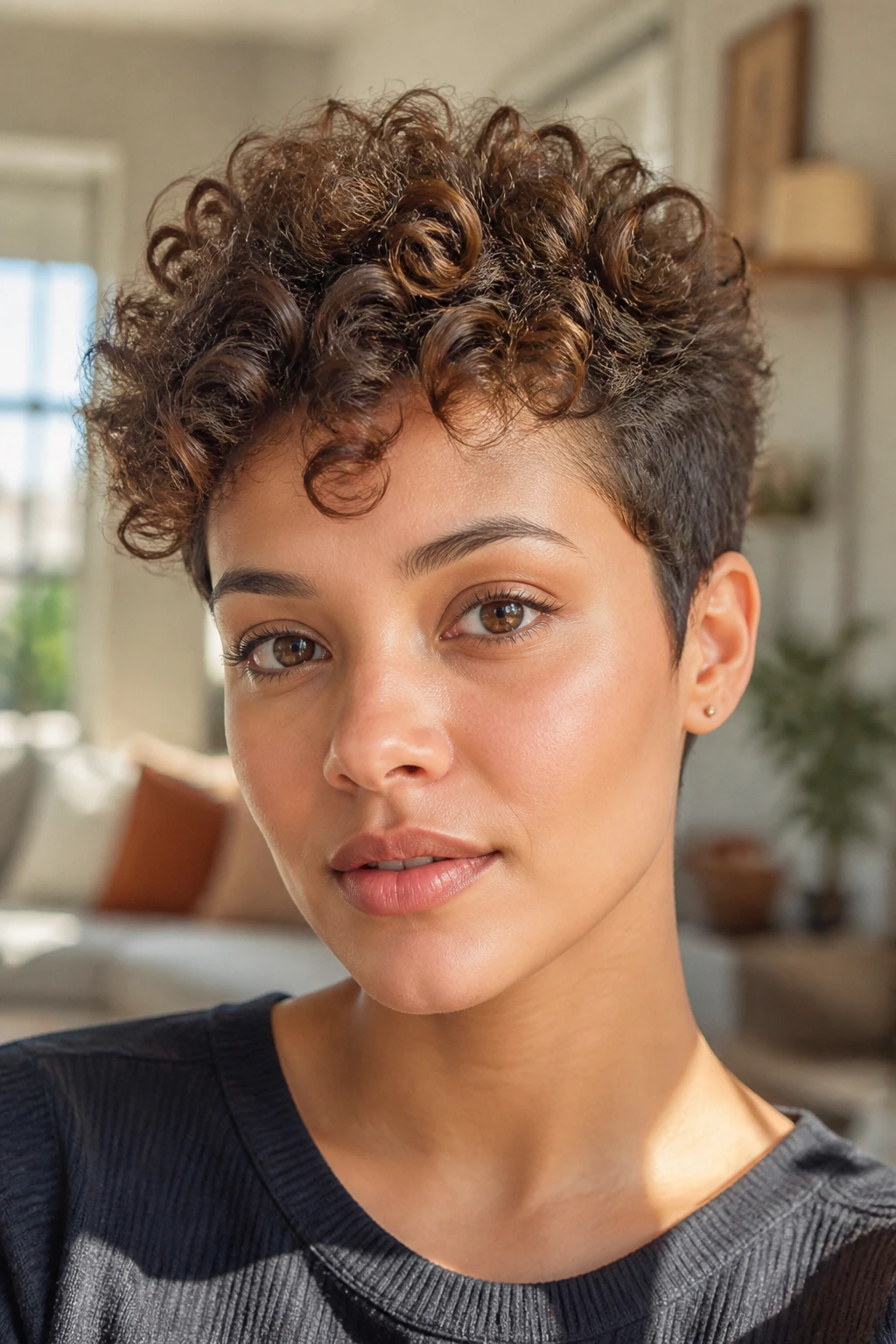 Close-up of a real woman with a curly pixie and a soft top