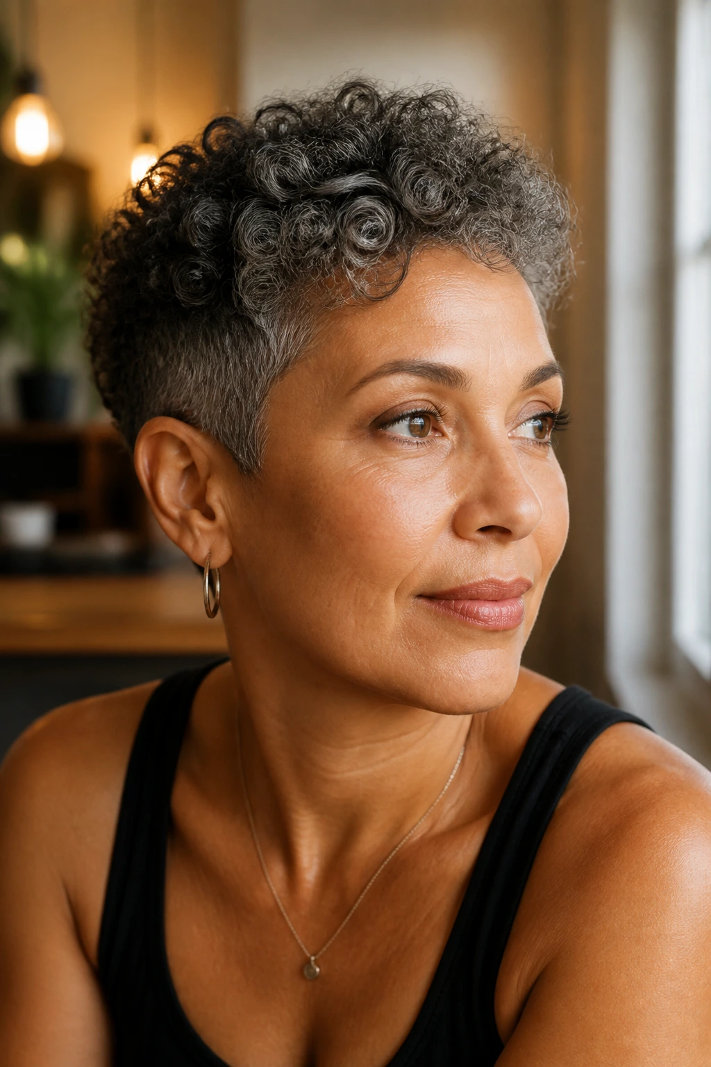 Real person with curly pixie cut and tapered sides