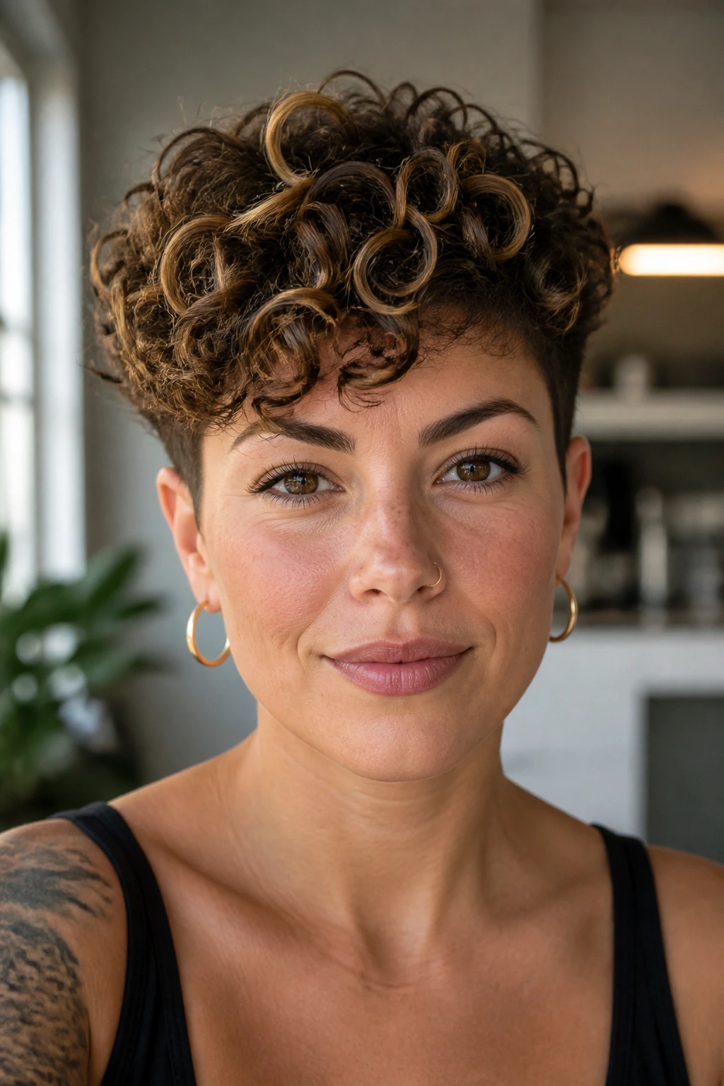 Real woman with curly pixie cut and tapered sides showing caramel highlights.