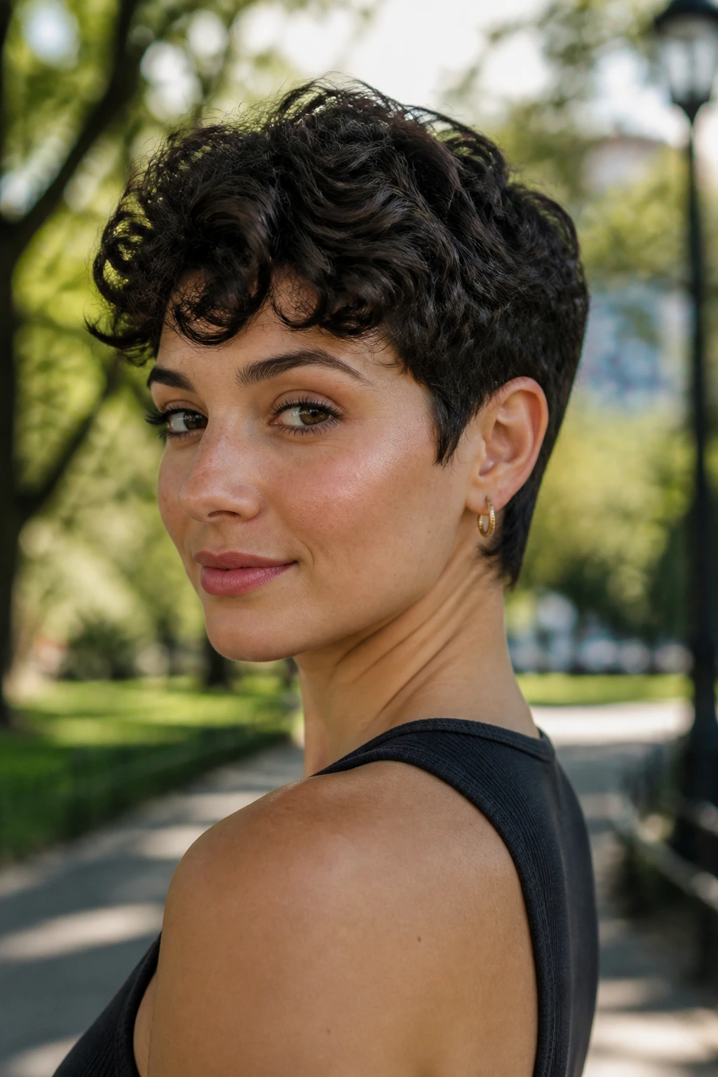 Real woman with curly pixie haircut and tapered nape