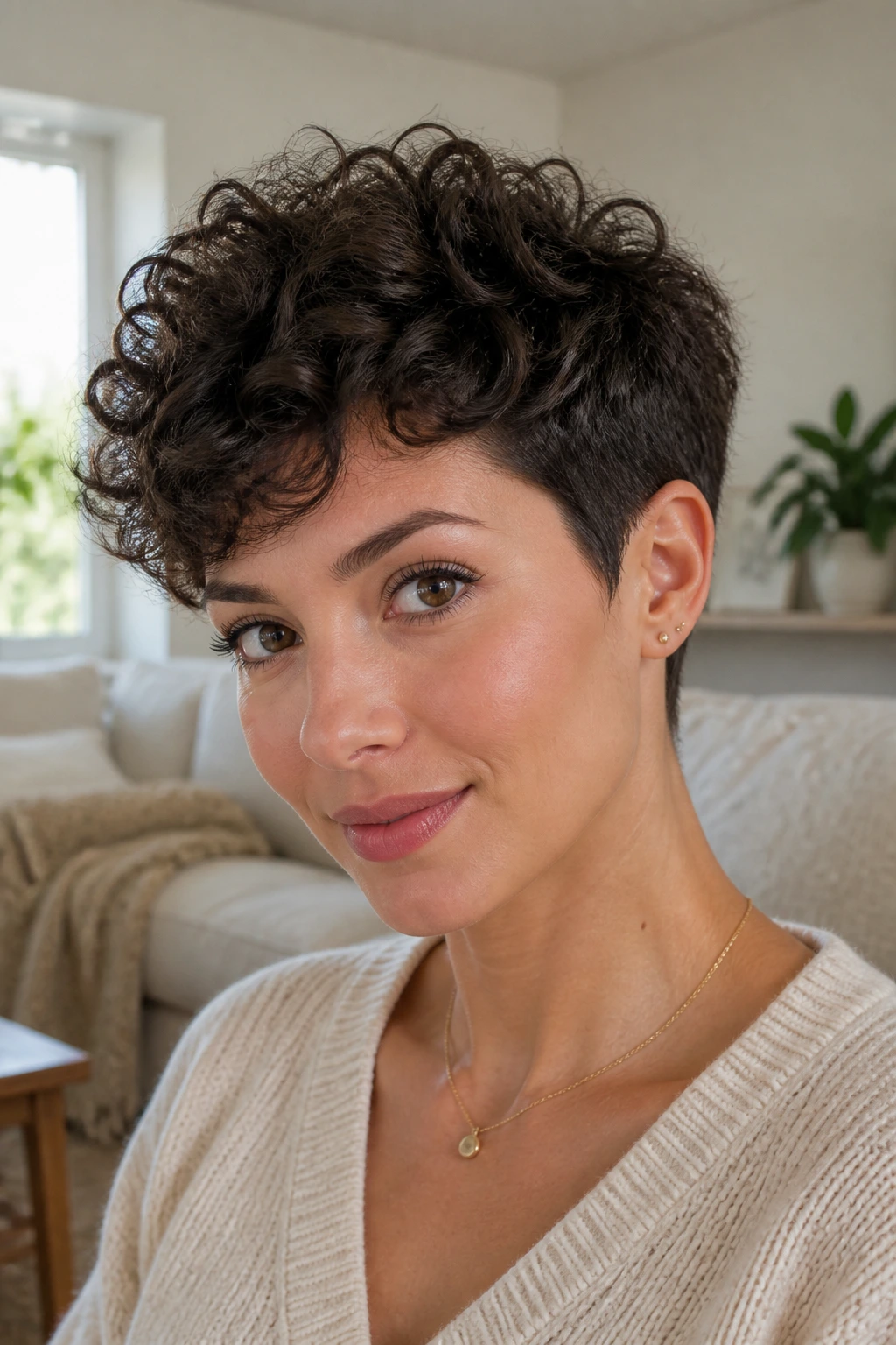 Portrait of a woman with a curly pixie and tapered sides showing defined curls on top.