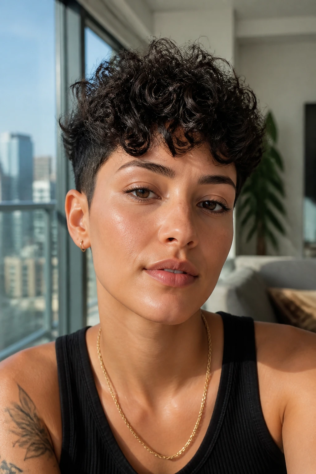 Close-up of a real person with a curly pixie and textured top.