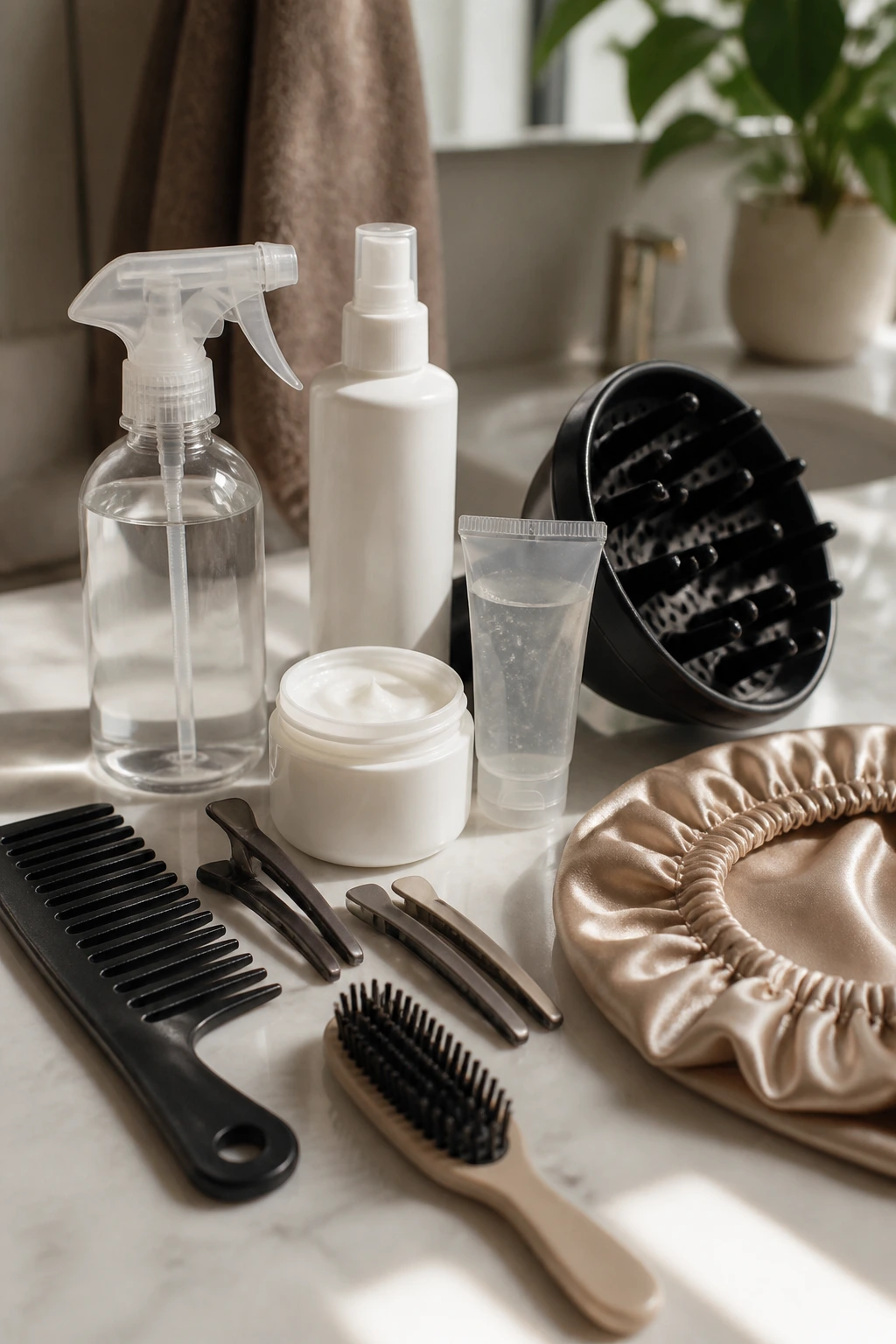 Close-up of curly pixie styling tools arranged on a bathroom counter without text