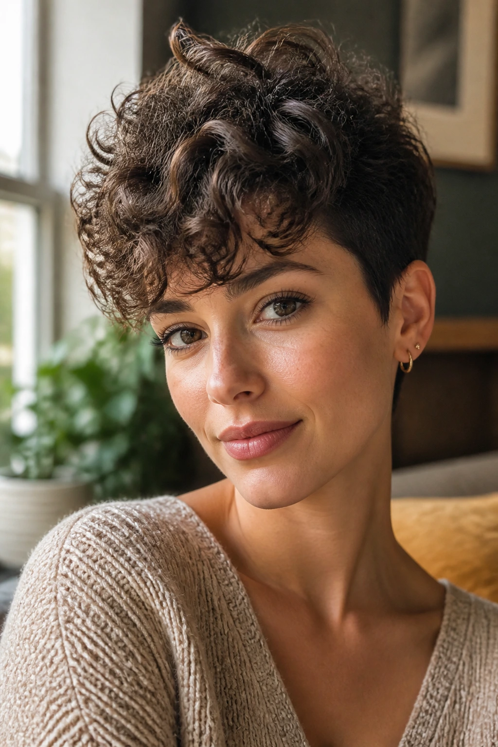 Close-up portrait of a real woman with curly pixie length on top and forward-falling curls.