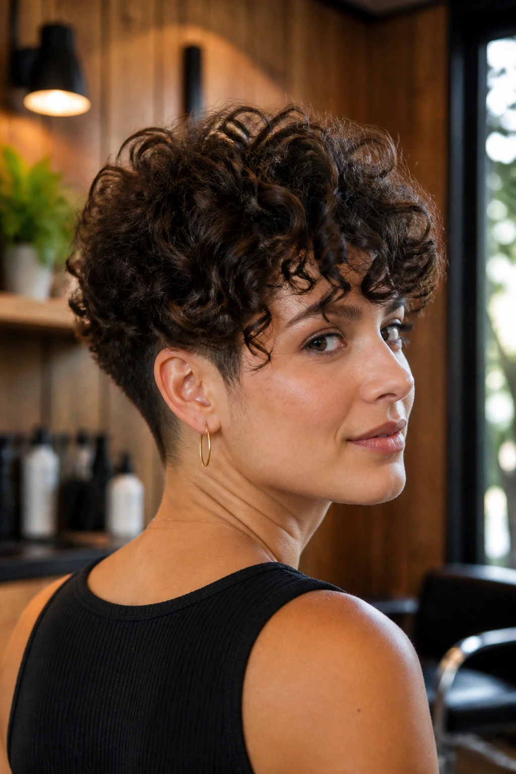 Close-up portrait of a real woman with curly long pixie and low-nape undercut in a warm salon setting