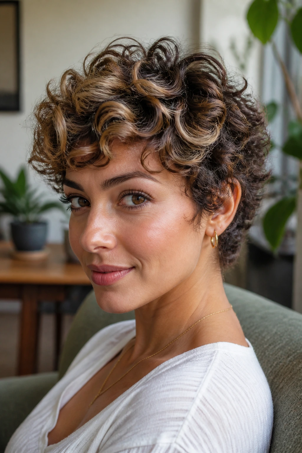 Close-up portrait of a real person with curly pixie and warm vanilla highlights in natural light