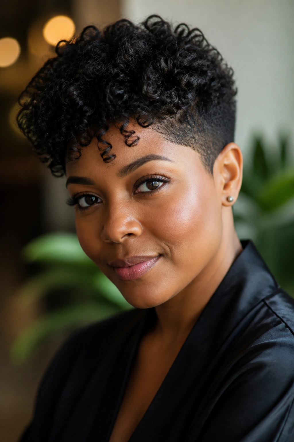 Person with curly-coil pixie variation, hair texture emphasized
