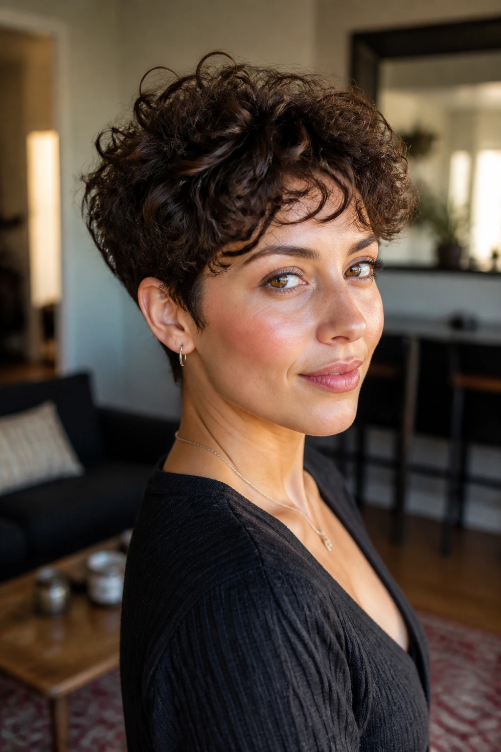Portrait of a real woman with curly pixie variations featuring a rounded halo.