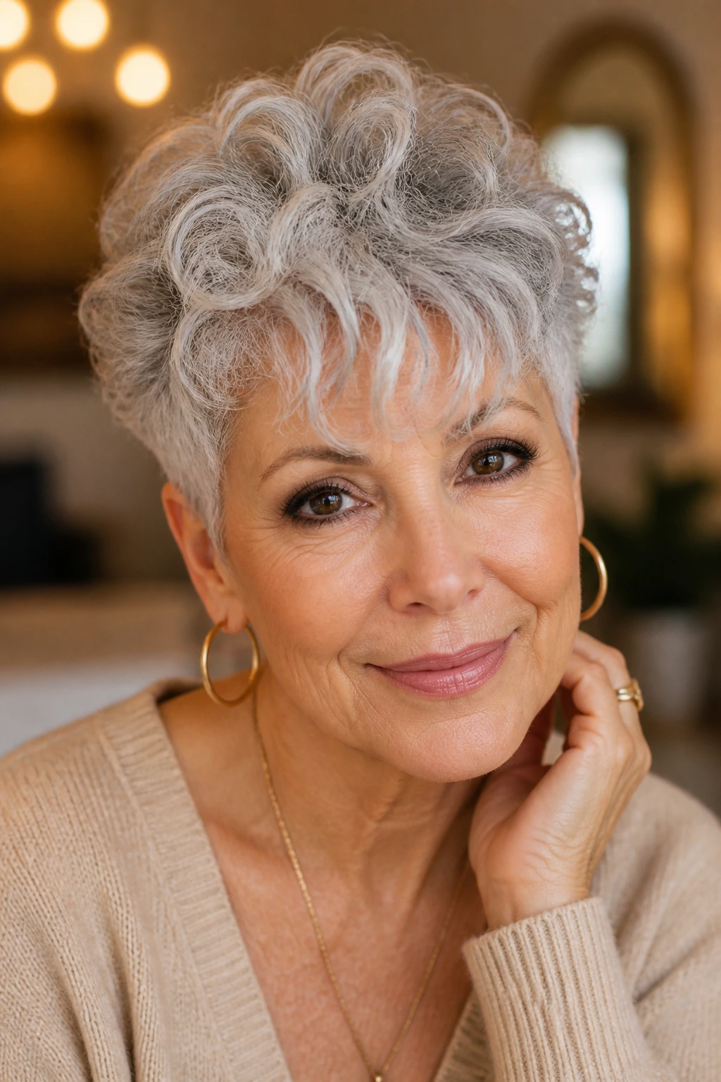 Portrait of a woman with lifted crown and vertical fringe on a curly pixie