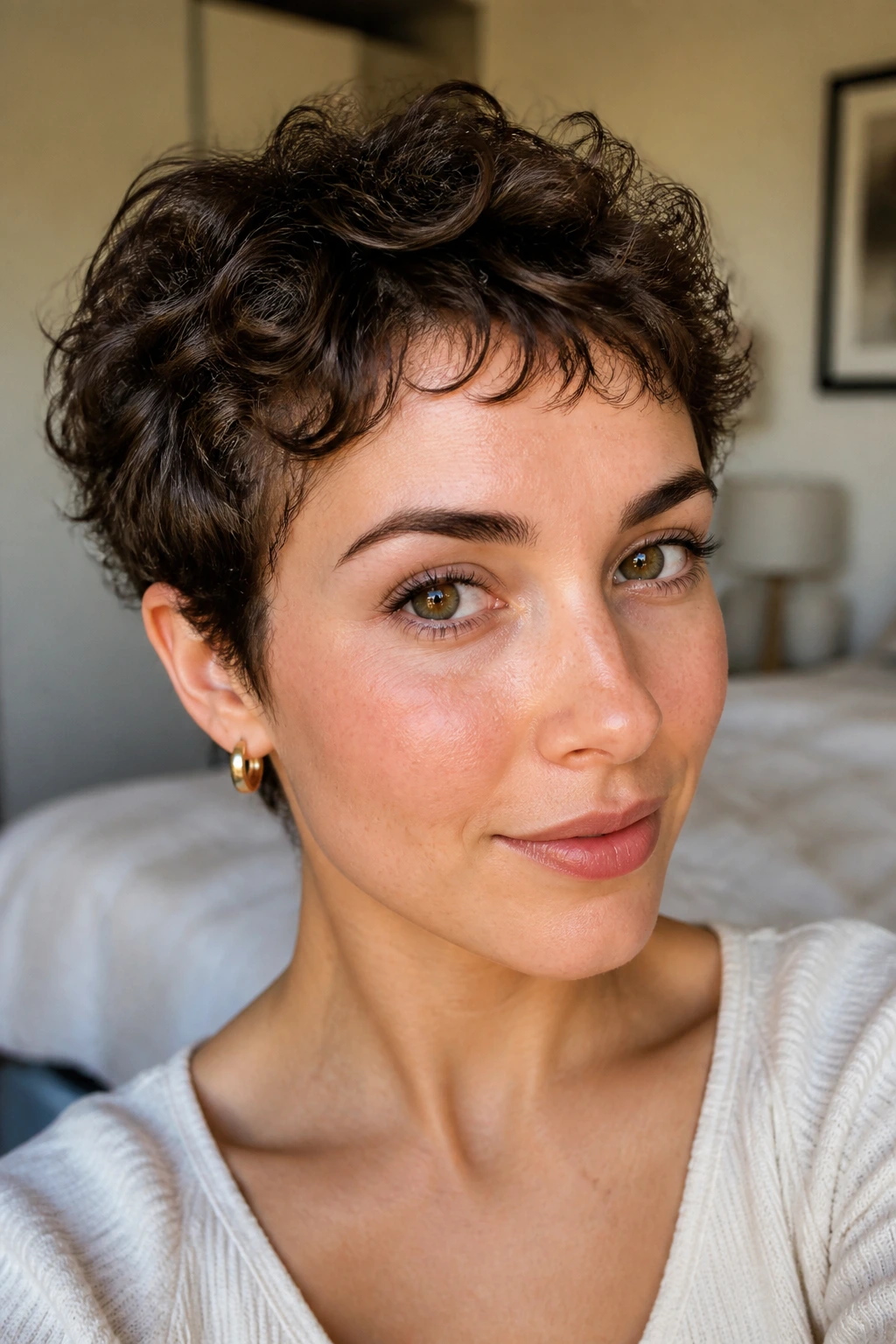 Portrait of a real woman with wispy baby bangs and curly crop, soft window light