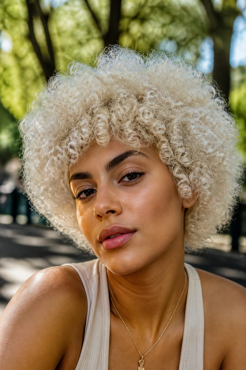 Close-up portrait of person with curly platinum afro against olive skin in outdoor setting
