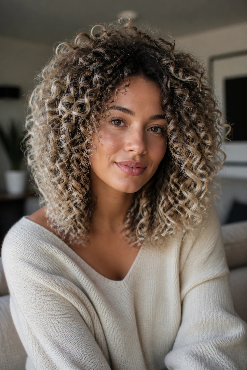 Close-up of curly hair with platinum halo around the outer ring on a real person