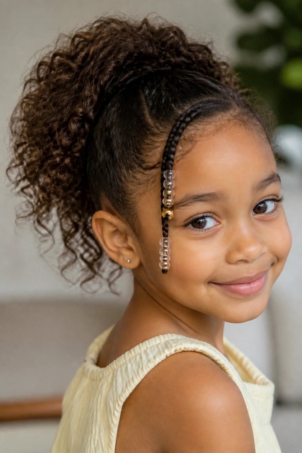 Portrait of a girl with a curly ponytail decorated with beads
