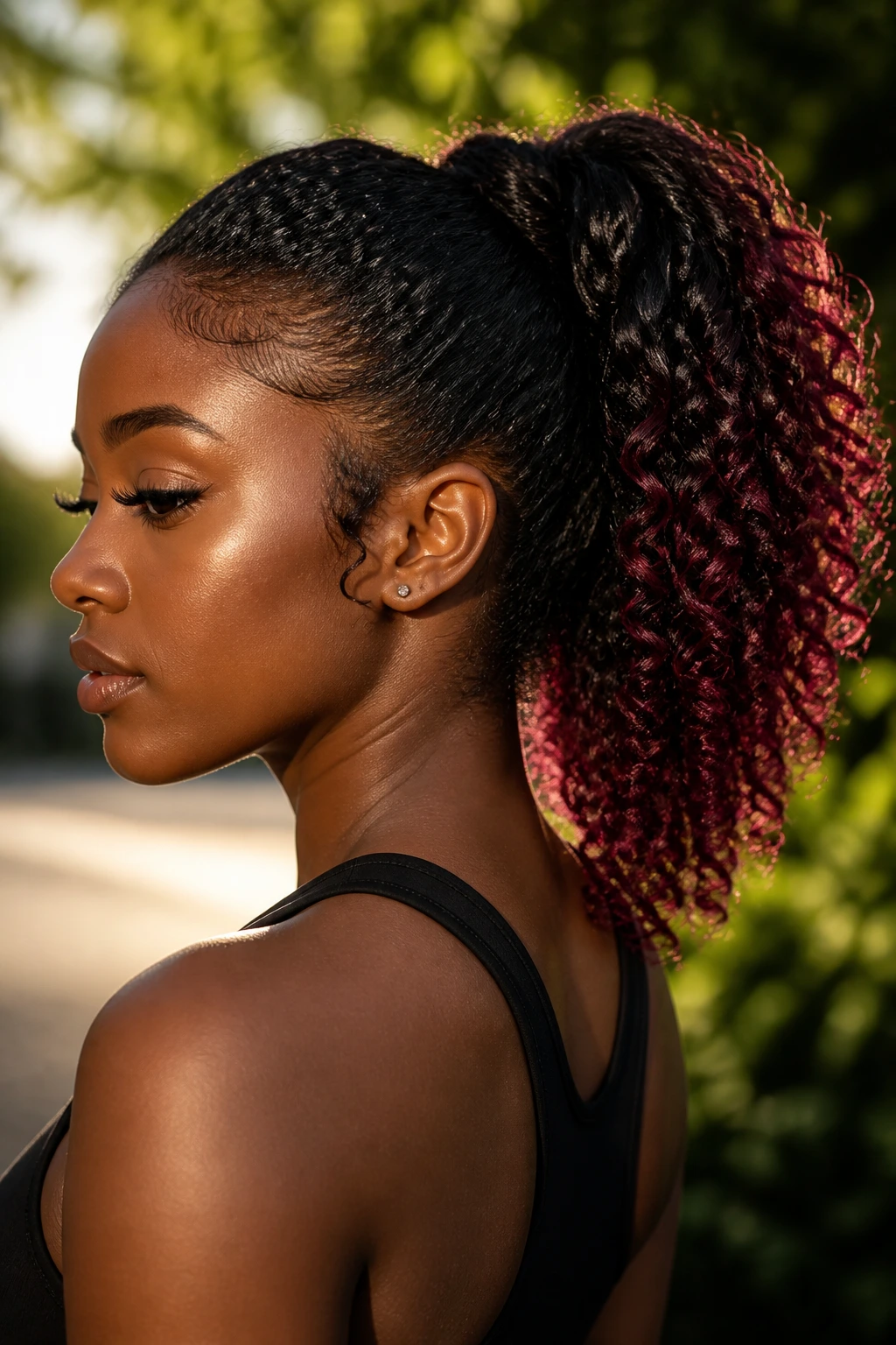 Real person with curly ponytail featuring berry tips in golden hour light