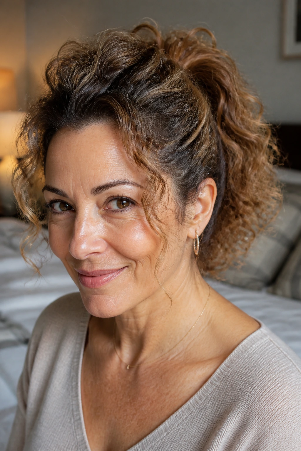 Portrait of a real woman with curly ponytail and crown volume