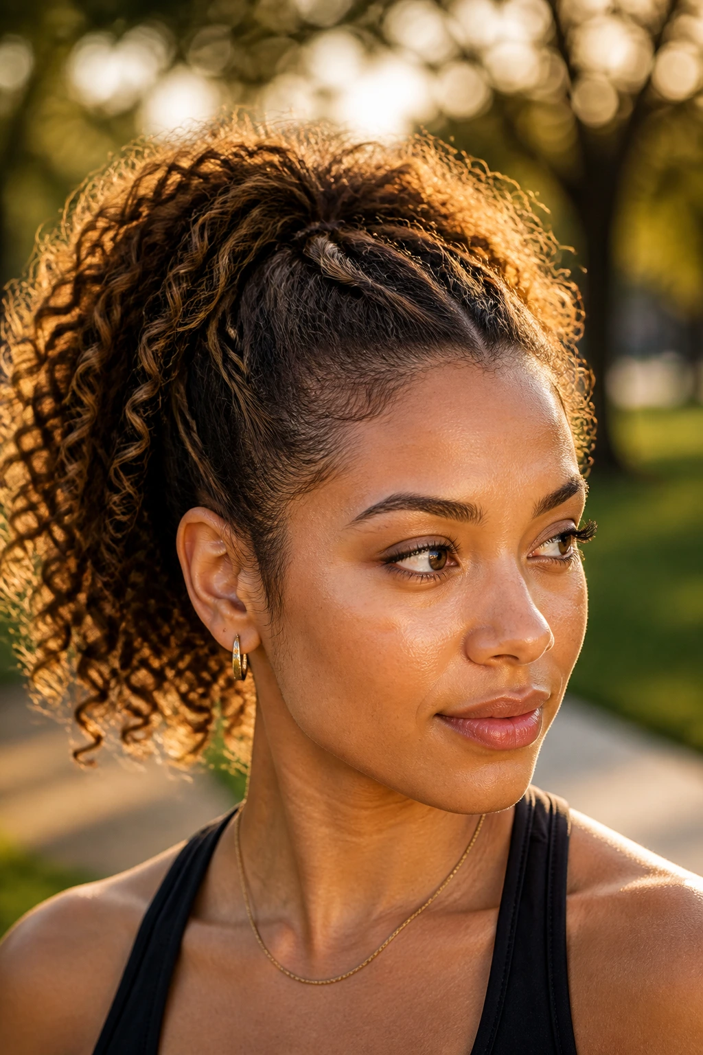 Close-up of a real woman with curly ponytail and halo highlights