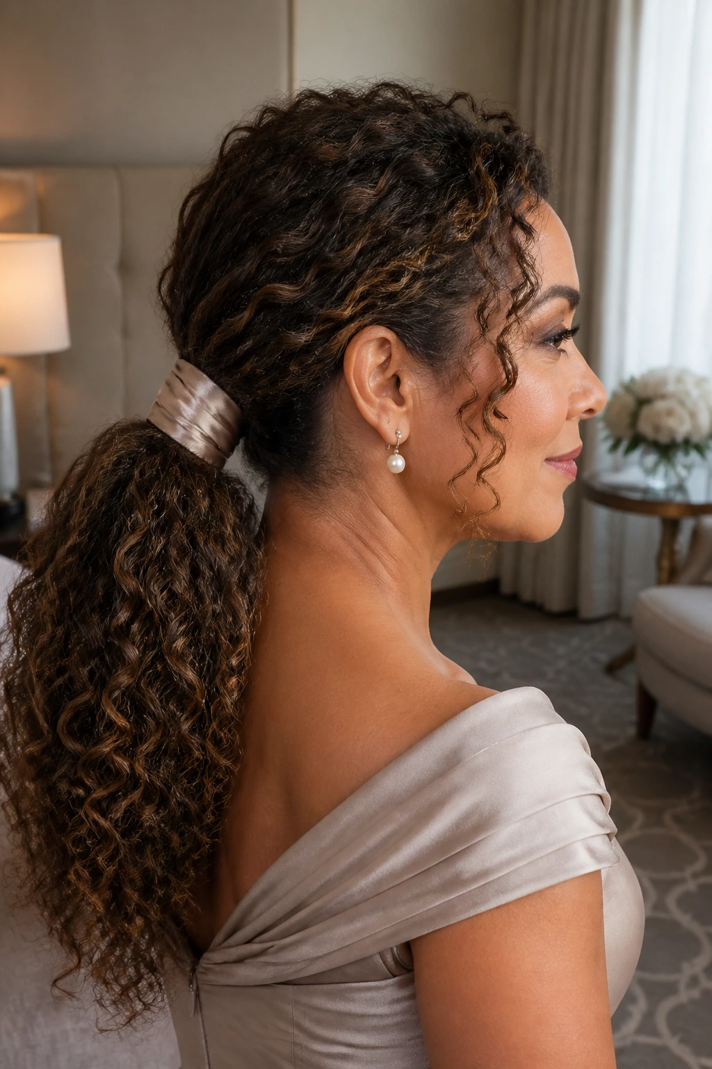 Close-up of a real woman with a satin-wrapped curly ponytail.