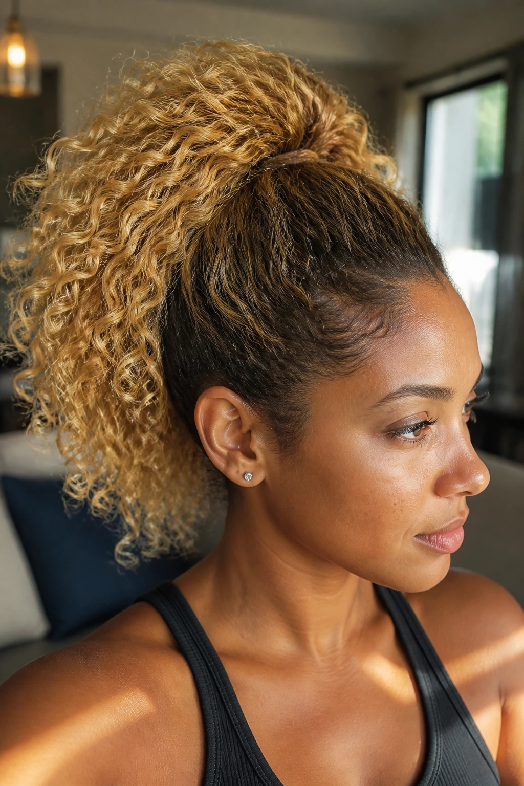 Close-up of a real woman with curly ponytail and shadow roots