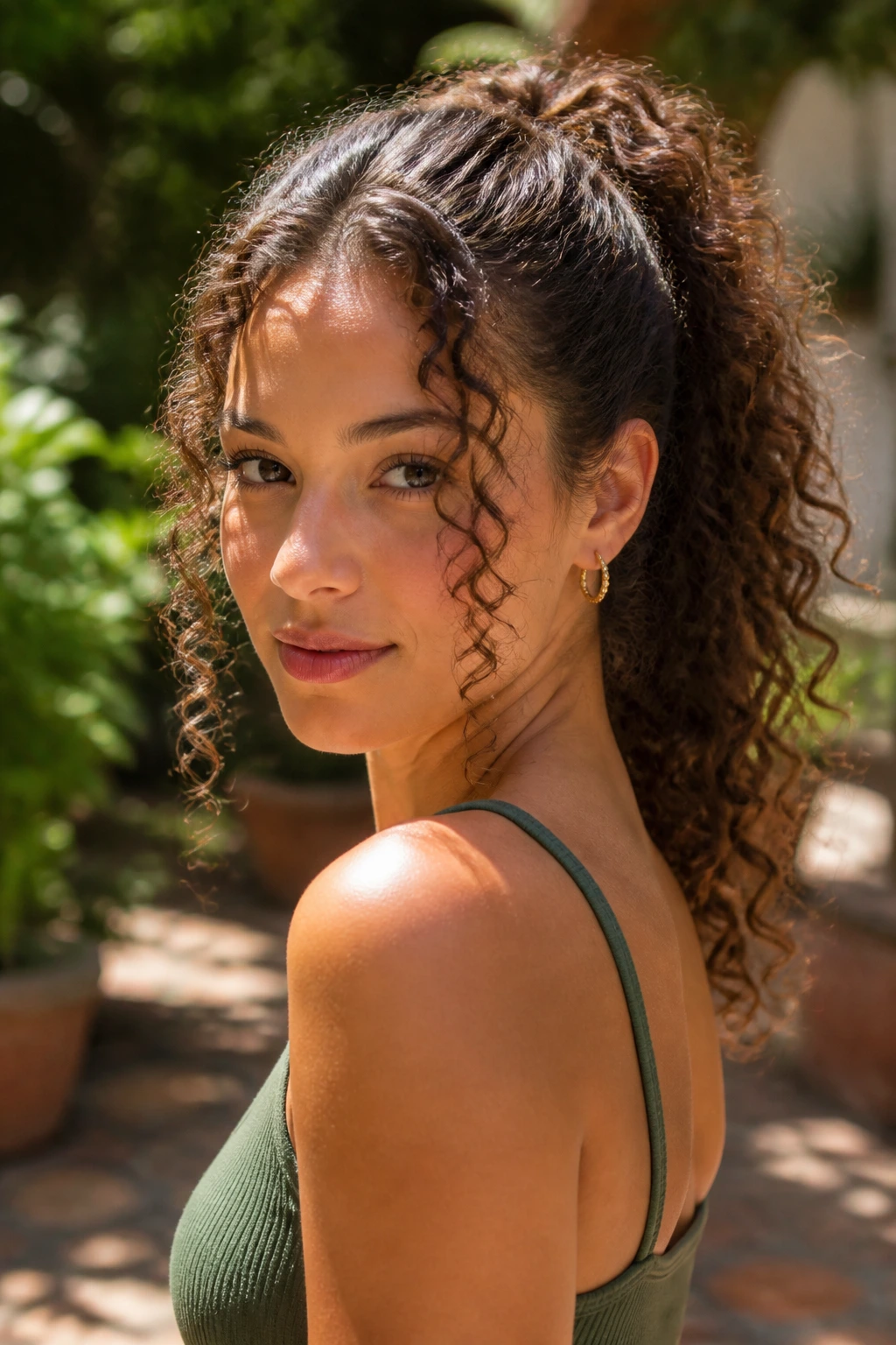 Portrait of a woman with a curly ponytail and front tendrils in a sunlit outdoor setting