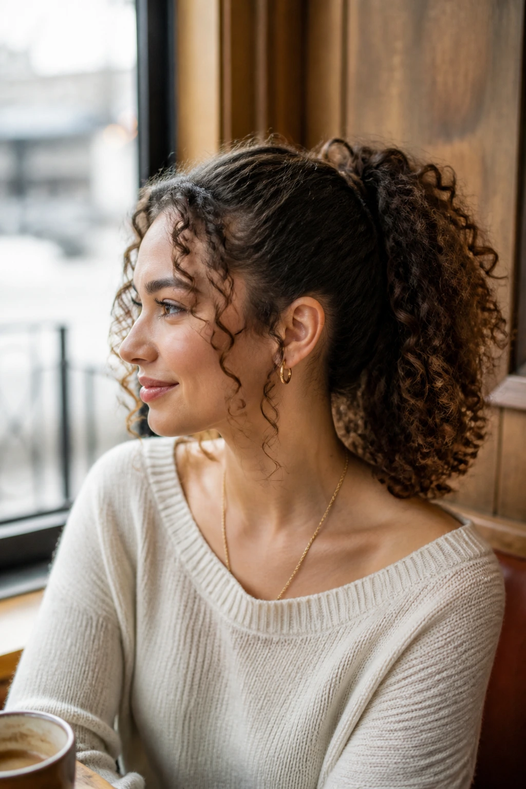 Medium close-up of a real woman's curly ponytail with wrapped base at shoulder length