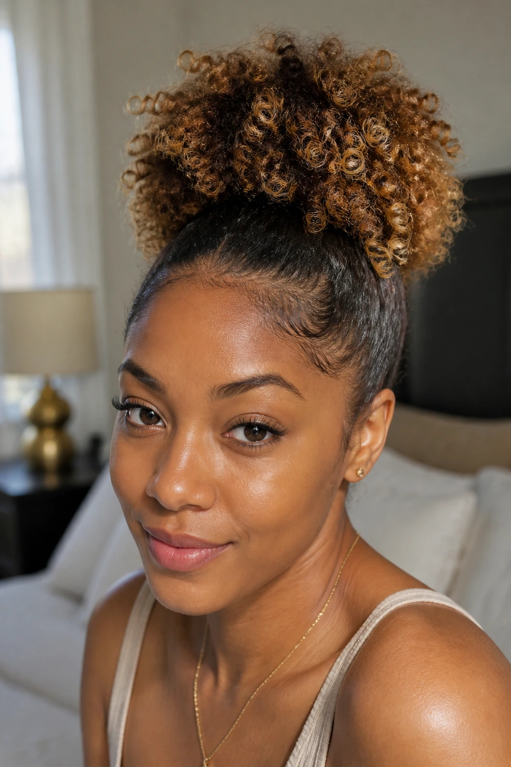 Close-up of a real woman with a curly puff ponytail and warm blonde ends