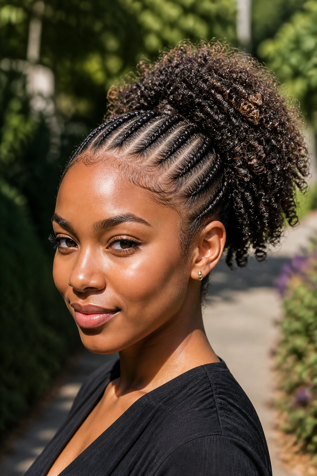 Close-up portrait of a real woman with braided base and curly puff tail