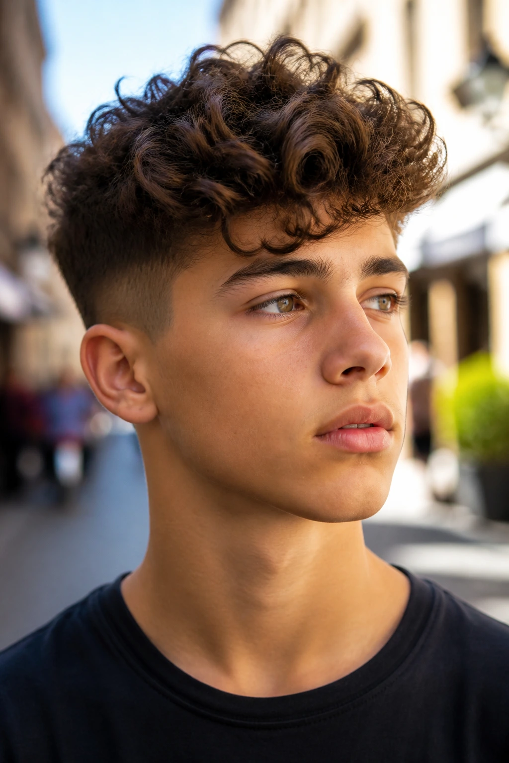 Boy with a curly quiff and short sides in daylight