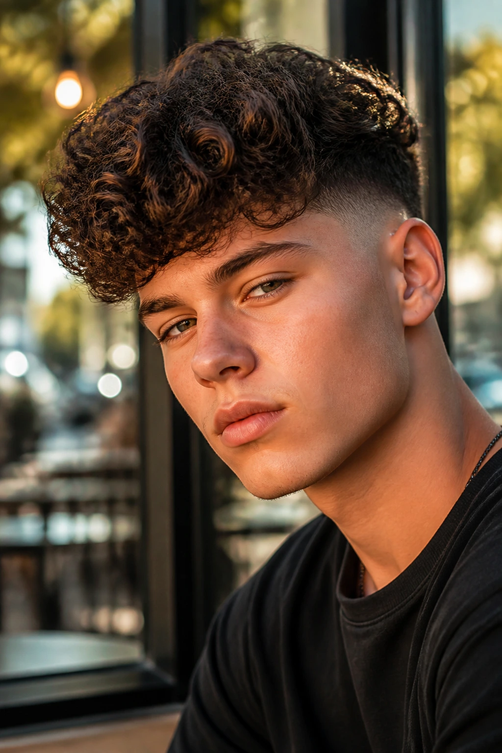 Real boy with curly quiff and soft fade in natural light