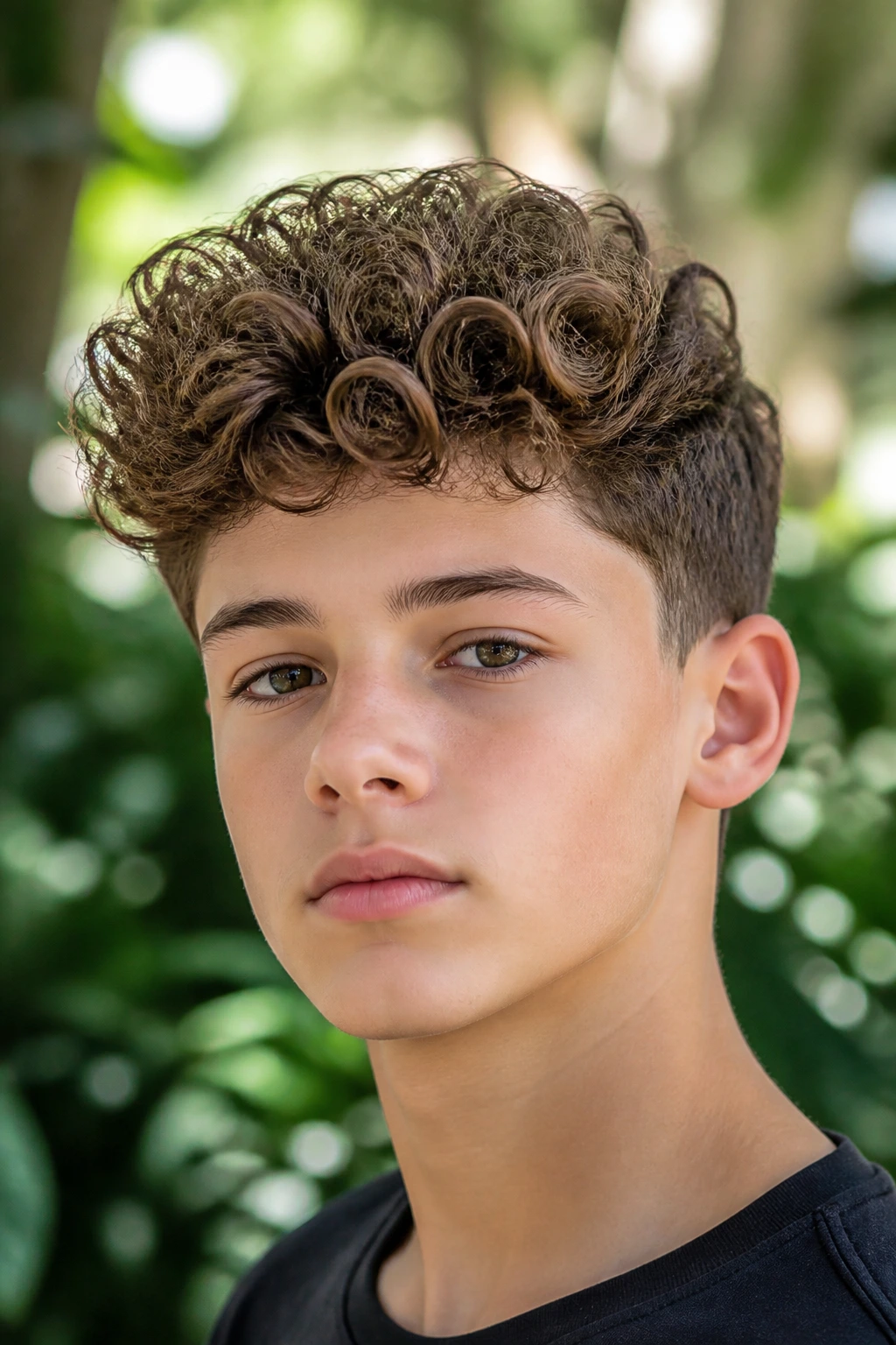 Close-up portrait of a real boy with a curly quiff