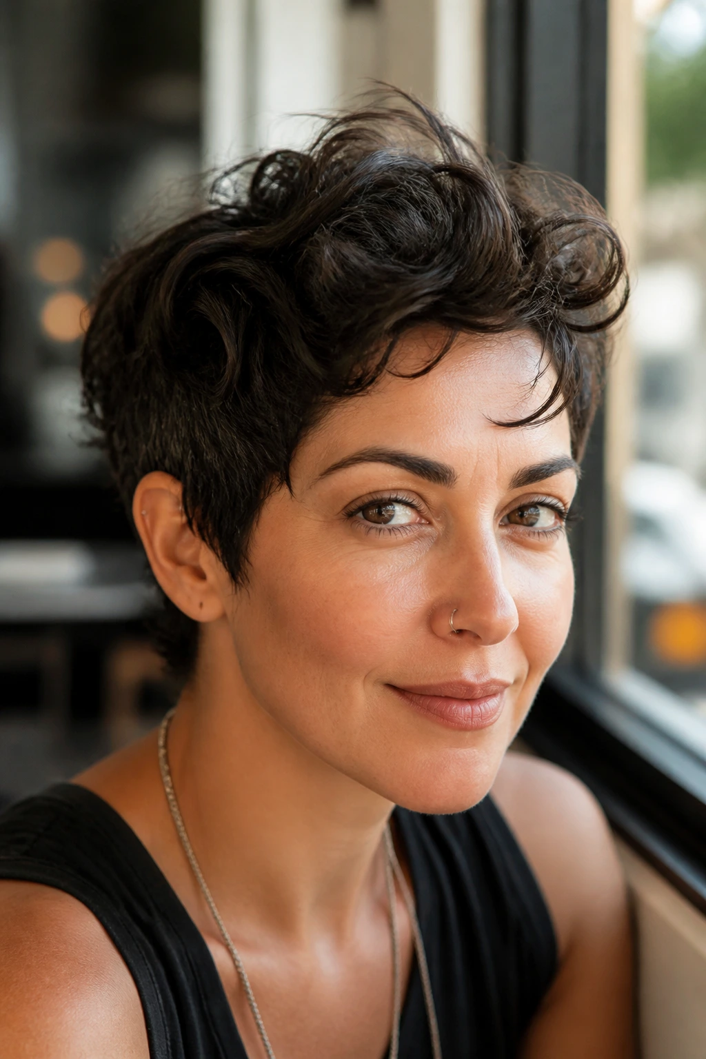 Close-up portrait of a real woman with Curly Quiff Pixie hairstyle in a cafe setting