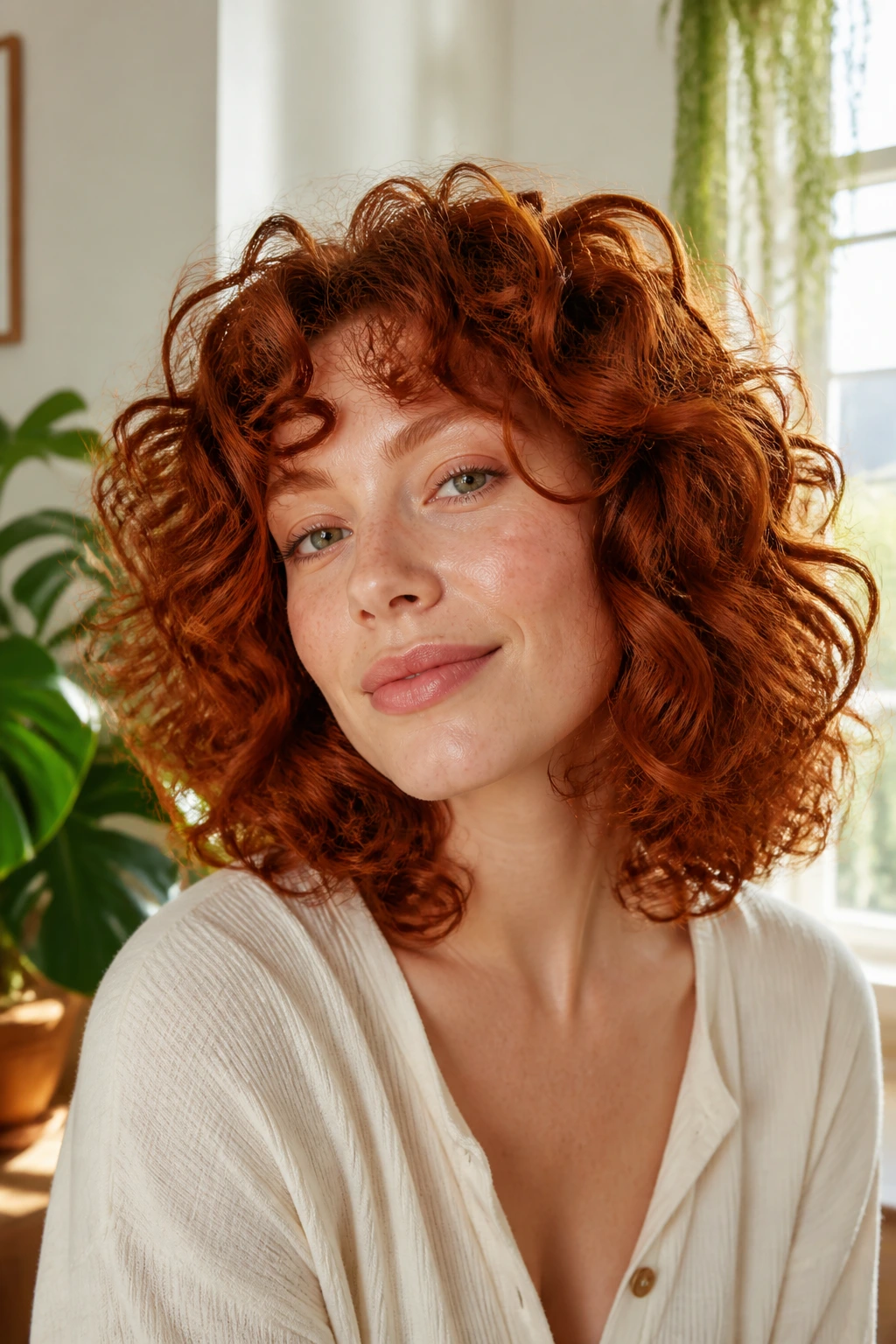 Close-up of a real woman with shoulder-length curly red hair and rounded layers
