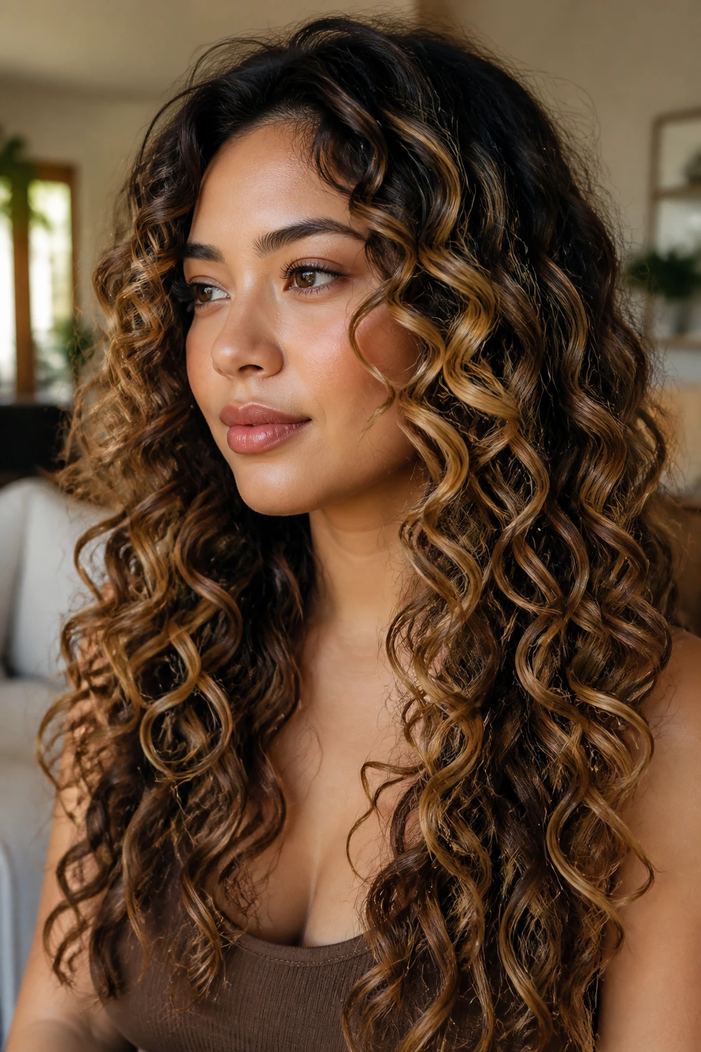 Close-up of a real woman with long curly hair and ribbon highlights following curl patterns