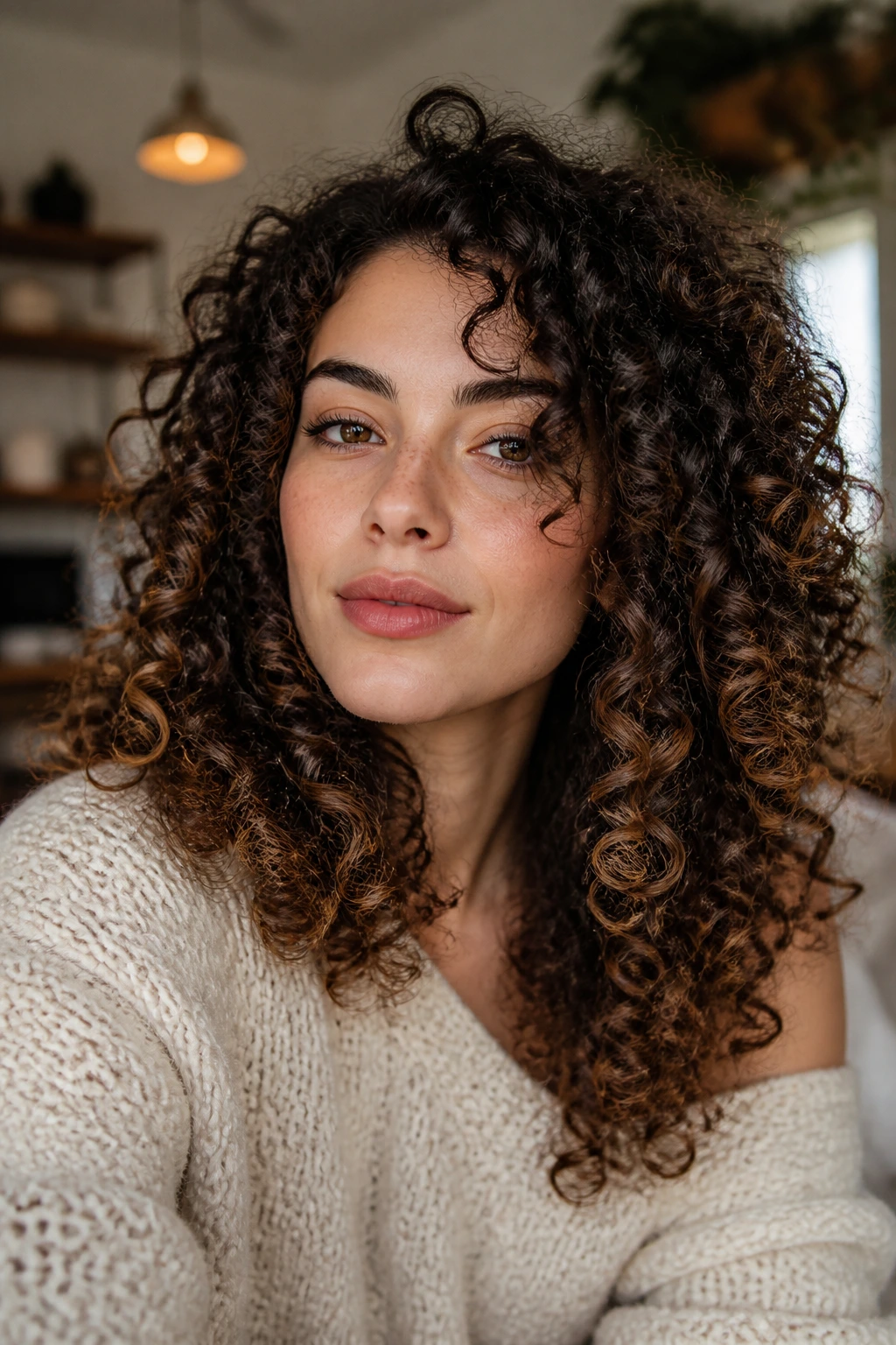 Close-up portrait of a person with curly ringlets and toned bronze ends in a living room