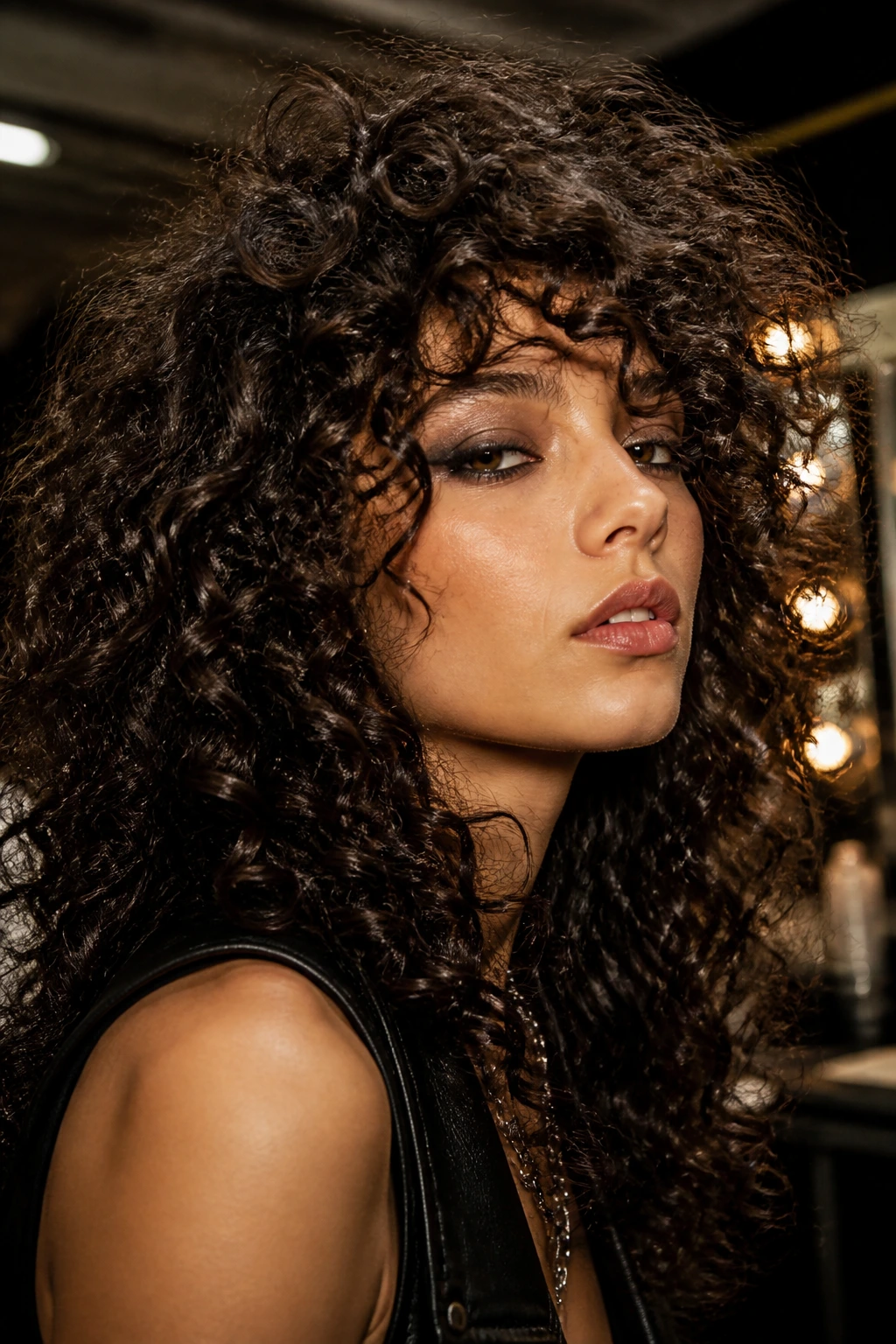 Close-up portrait of a real woman with bold curly rock hairstyle in backstage lighting