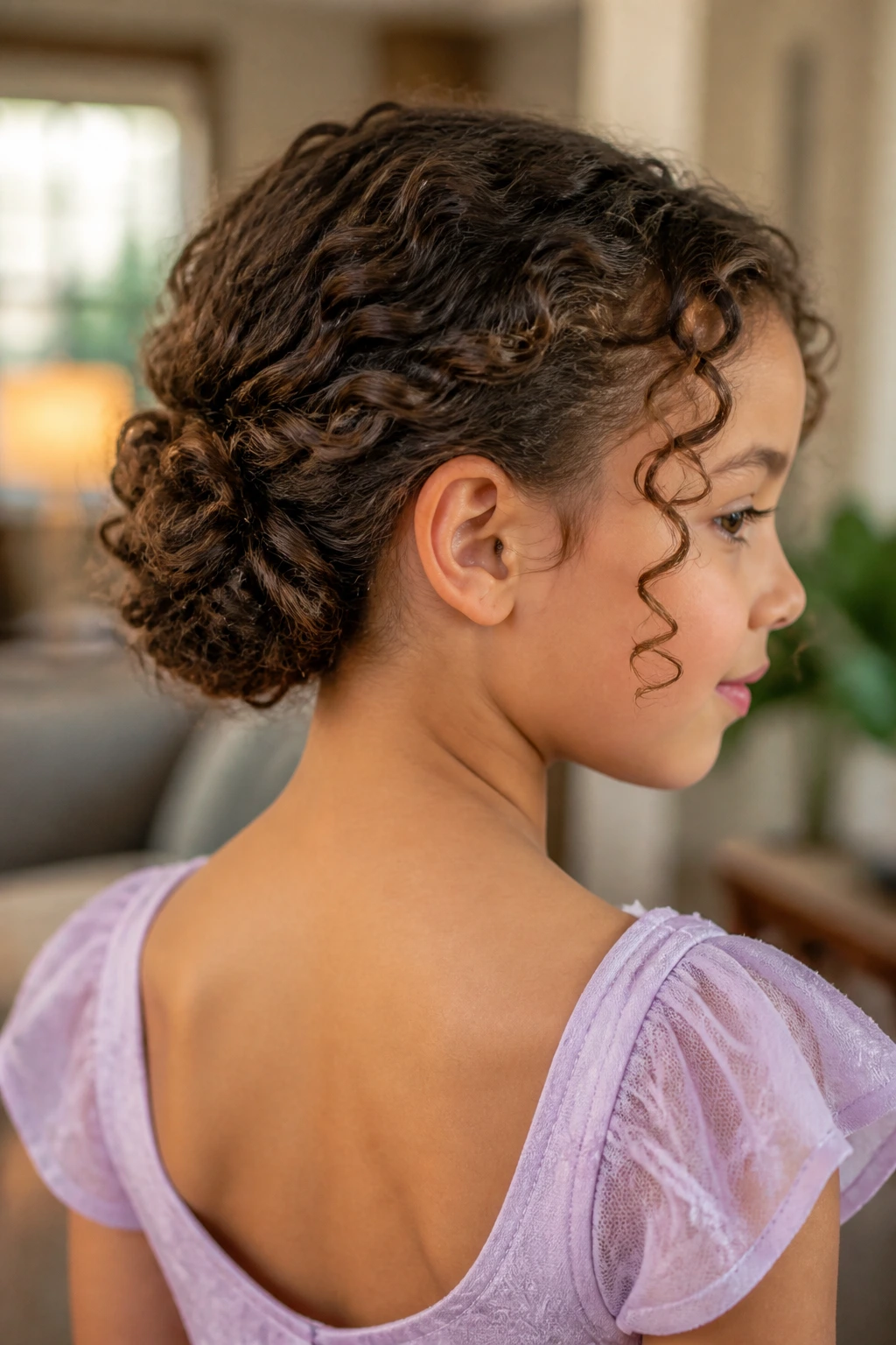 Close-up of a young girl with curls rolled toward the nape and tucked under for a neat finish