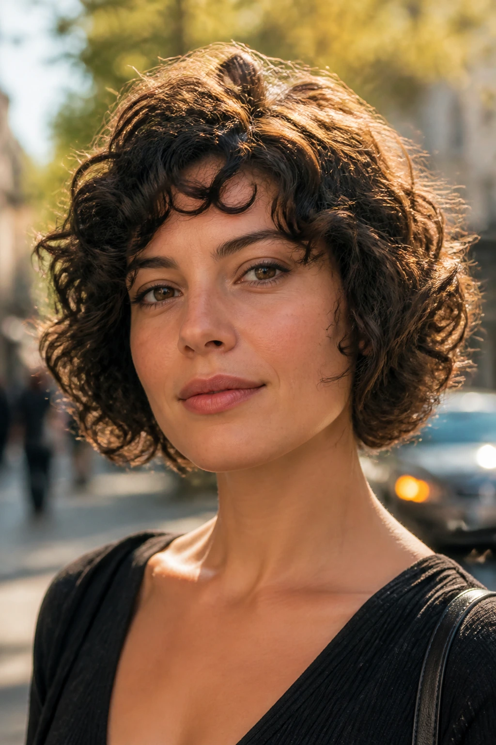 Portrait of a person with a curly rounded bob framing the cheeks.