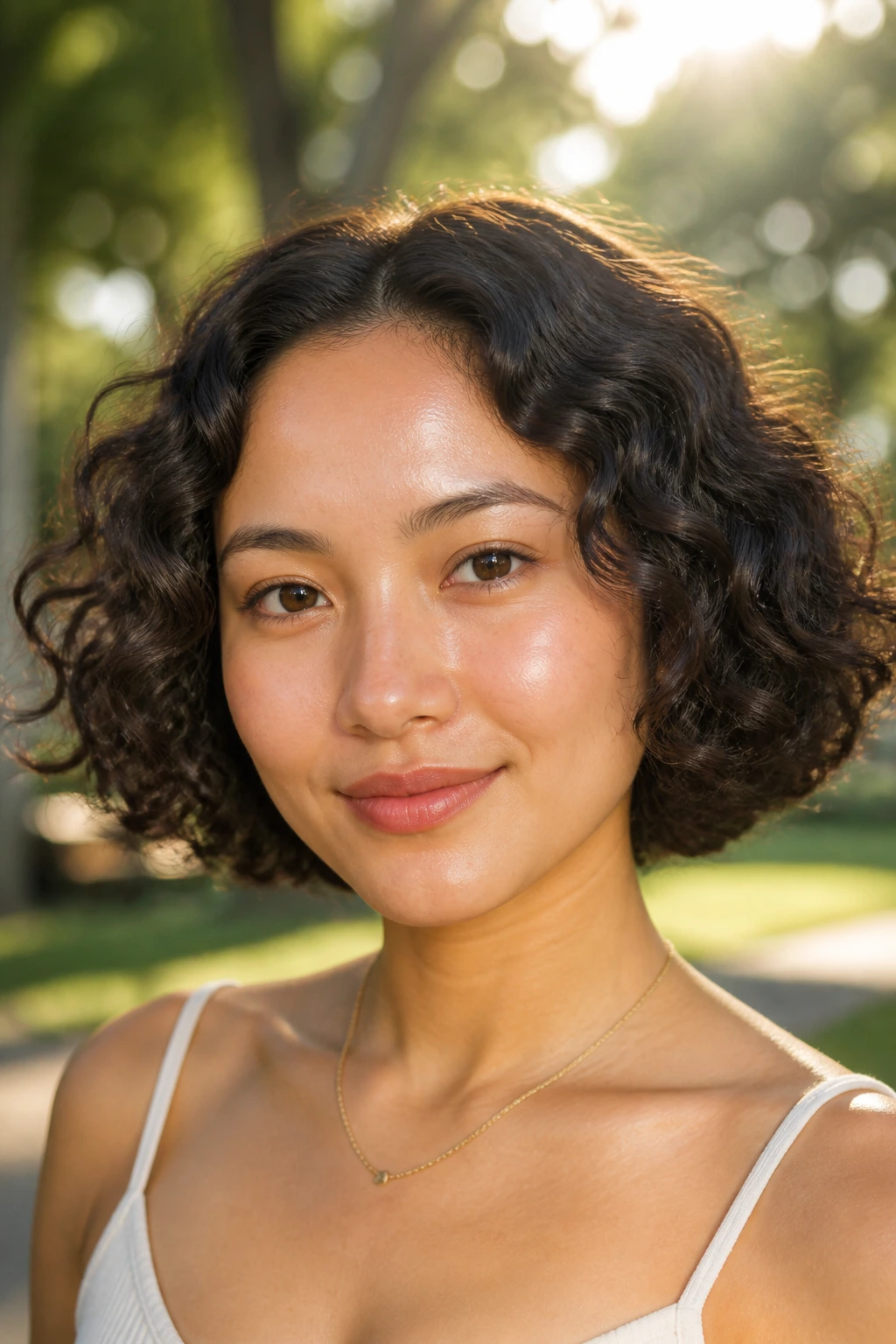 Close-up of a woman with a curly rounded bob in sunny park light